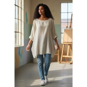 Terzo Millenio Bone 100% Linen Tunic Blouse Long Sleeve Italy Sz S PRISTINE